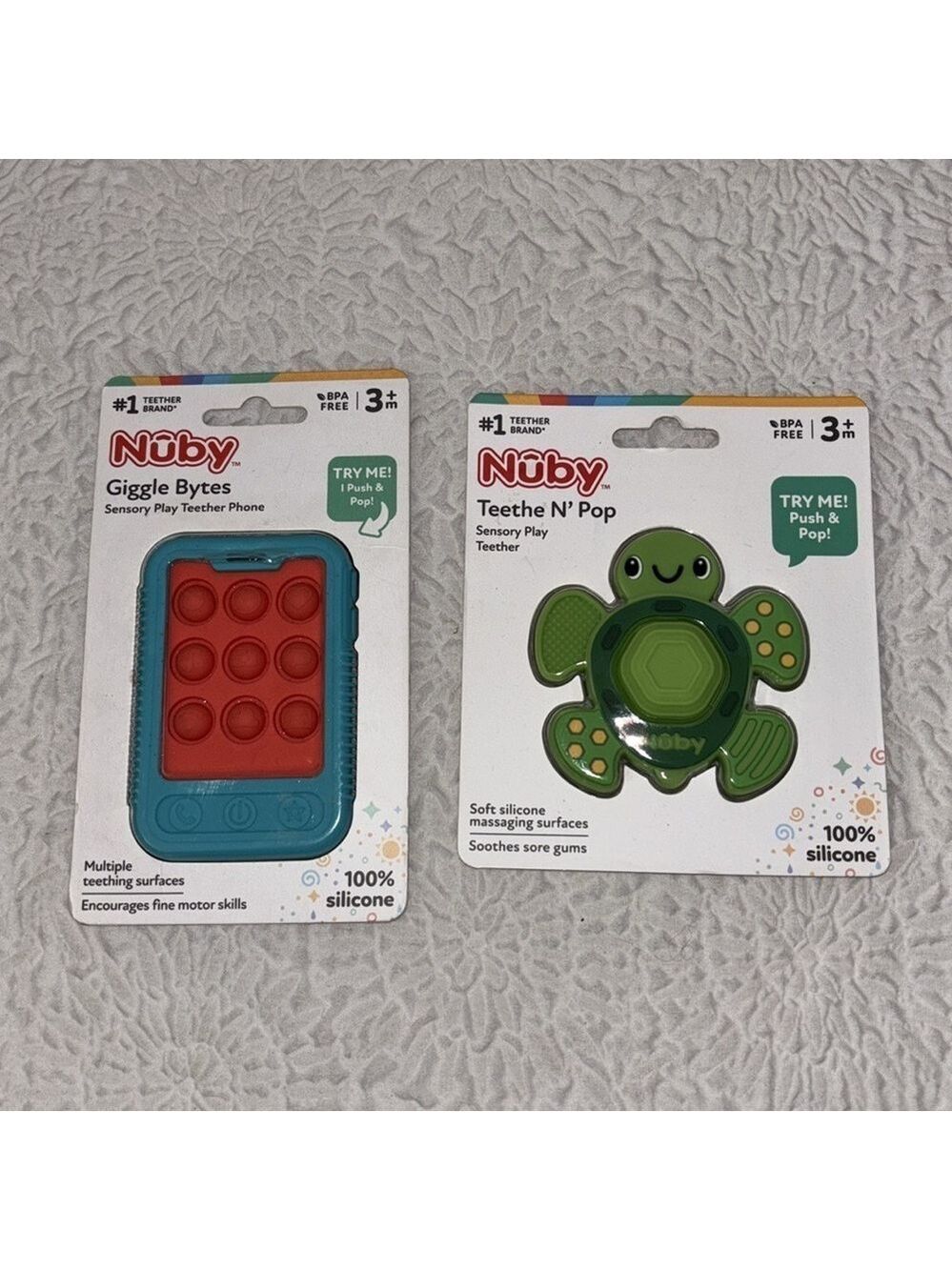 NUBY Set of 2 (Giggle Bytes & Teethe N' Pop) Sensory Popper Teething Toys